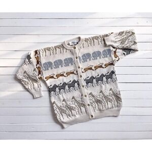 vtg Jayson Younger safari‎ animal hand knit cotton cardigan sweater